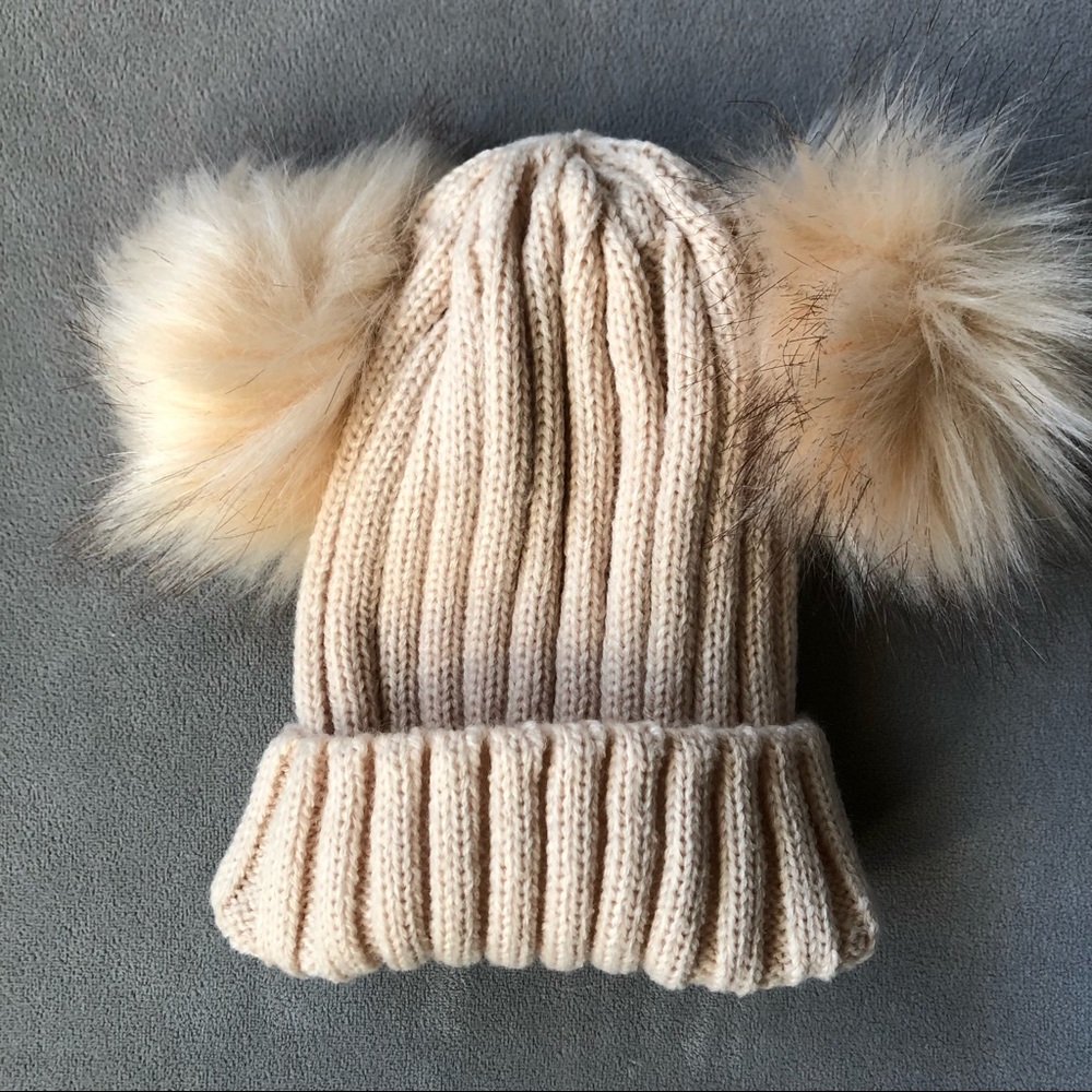 Double Pom Knit Toque ~ Beige - Tan ~ Brand New! Size Baby to Toddler